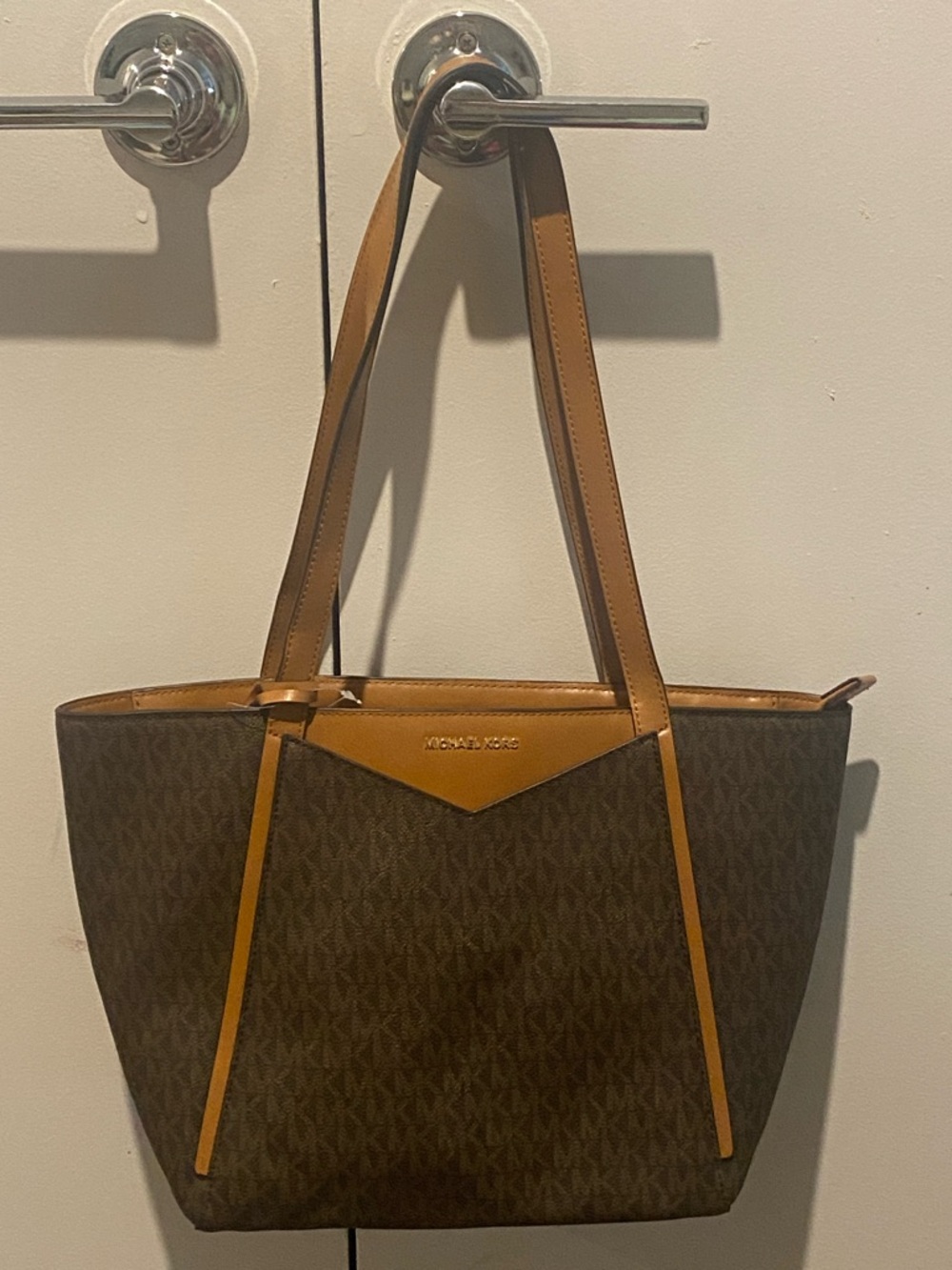 Michael Kors Brown MK Monogram Tote with Tan Trim